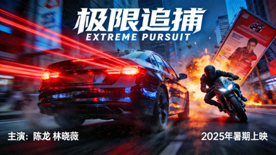 动作电影《极限追捕》海报 - 城市街道上高速追逐的汽车与摩托车